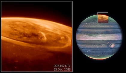 Estas observaciones de las auroras de Júpiter fueron captadas con la cámara de infrarrojo cercano (NIRCam) del telescopio espacial James Webb de la NASA el 25 de diciembre de 2023