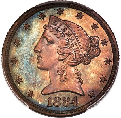 Estas piezas acuñadas en 1884 tiene la particularidad de que fueron hechas como prototipo de diseños para los ejemplares que entraron en circulación en esa época