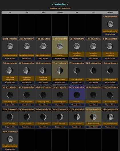 Estas son las fases lunares que estarán presentes en noviembre (Captura/TheSkyLive)