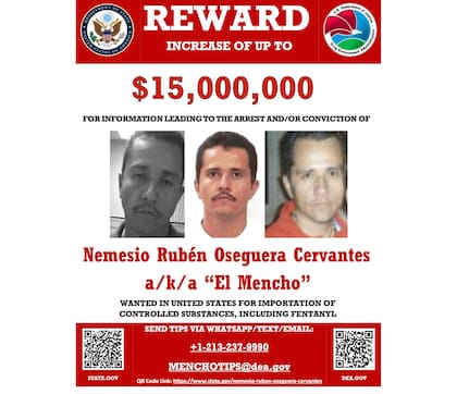 Este cartel de búsqueda publicado el 4 de diciembre de 2024 en el sitio web del Departamento de Estado de Estados Unidos muestra al líder del Cártel Jalisco Nueva Generación, Nemesio Rubén Oseguera Cervantes, conocido como "El Mencho". (Departamento de Estado de Estados Unidos vía AP)
