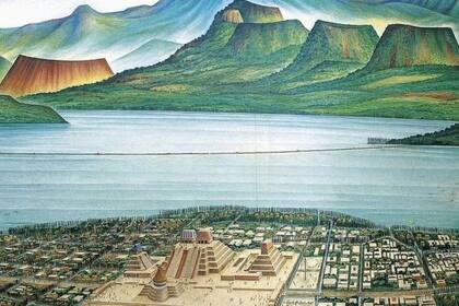 Este dibujo muestra una vista panorámica de Tenochtitlan y del valle de México, sobre el lago de Texcoco