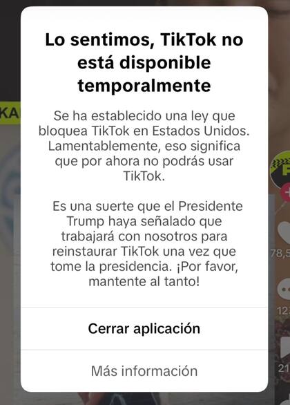 Este era el anuncio que le indicaba a los usuarios de TikTok en Estados Unidos que la aplicación se encontraba fuera de servicio temporalmente