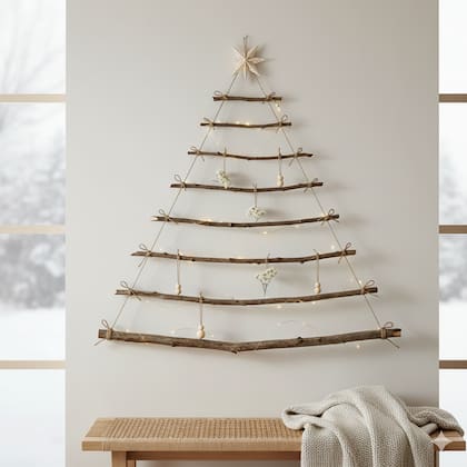 Este es el resultado de un árbol de Navidad hecho con ramas, un estilo minimalista y nórdico