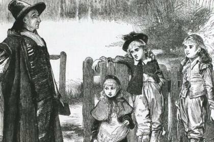 Este grabado retrata a un puritano reprendiendo a los niños por tomar acebo para Navidad