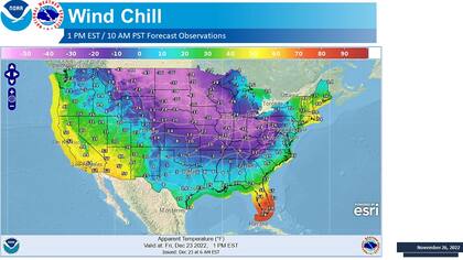 Este gráfico muestra la temperatura pronosticada en Estados Unidos para este viernes a la 1 p. m. EST