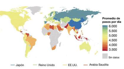 Este mapa muestra la media diaria de pasos según los datos de 111 países con al menos 100 usuarios de la aplicación Argus. Los países con colores cálidos indican niveles de actividad bajos. Pero los investigadores solo analizaron en detalle dos países de América Latina: Chile y México