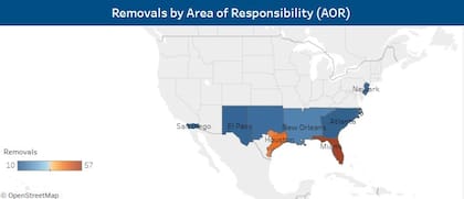 Este mapa muestra las deportaciones por área de responsabilidad de la Oficina de Ejecución y Remoción (ERO, por sus siglas en inglés)