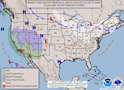 Este miércoles 31 de diciembre, el ingreso de una perturbación tipo Alberta clipper intensificará el frío y las nevadas en los dos tercios orientales de EE.UU.