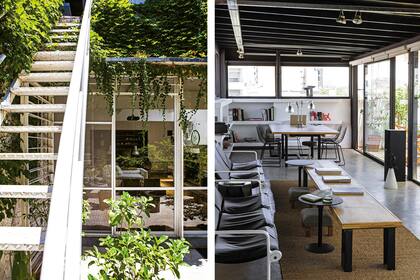 Este módulo se pensó como el estudio de Martín, pero también lo comparte con sus afectos fuera del horario de trabajo. En el escritorio, sillas ‘Bertoia’. Más acá, una mesa angosta y sillones de Hanna & Morrison para Knoll. Fotos: Santiago Ciuffo