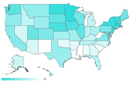 Este ranking muestra los mejores y peores estados para criar una familia. A mayor intensidad del color azul, mejores indicadores tiene