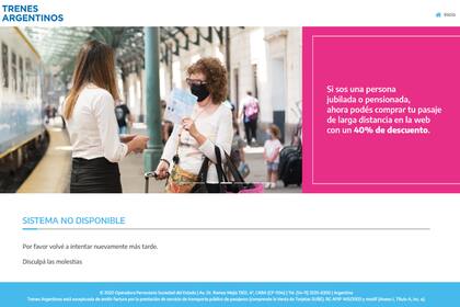 Este sábado 12 de noviembre, cuando estaba anunciado el lanzamiento de una nueva modalidad para la compra de pasajes de trenes de larga distancia, el sitio oficial de venta de tickets de Trenes Argentinos mostraba una leyenda indicando que el sistema no está disponible