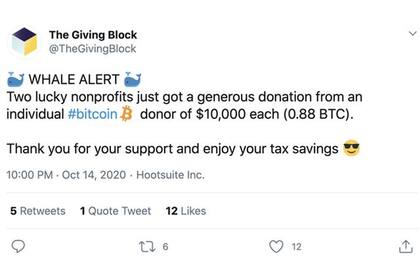 Este tuit -que fue eliminado- celebra la donación de los piratas informáticos