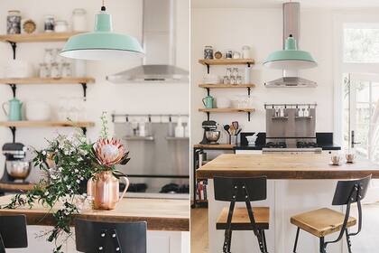 Este verde va muy bien con los distintos tonos de madera. En este caso, una cocina "toma color" a partir de la lámpara central y, a lo lejos, el jarrón sobre el estante