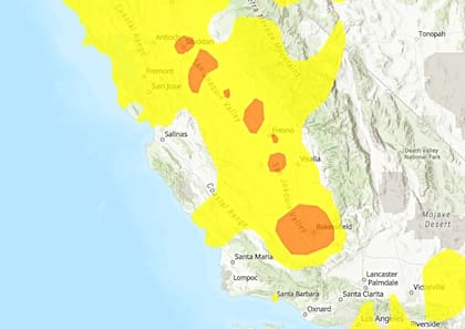 Este viernes, diversas áreas de California registran un nivel de calidad de aire en código naranja; los miembros de grupos sensibles pueden experimentar efectos en la salud