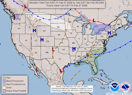 Este viernes un frente frío se desplazará desde las Grandes Llanuras del norte en dirección al este