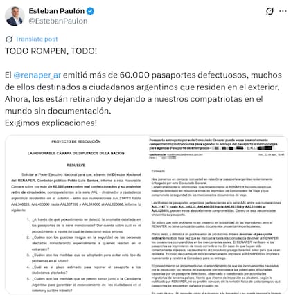 Esteban Paulón presentó un pedido de informes al Renaper para que explique la situación (Fuente: @EstebanPaulon)
