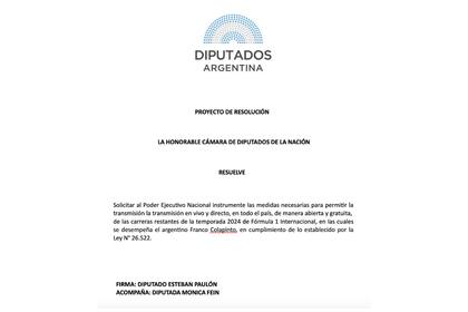 Esteban Paulón y Mónica Fein presentaron un proyecto en Diputados en el que reclaman al Gobierno se transmitan las carreras de Franco Colapinto en F1 por TV Pública