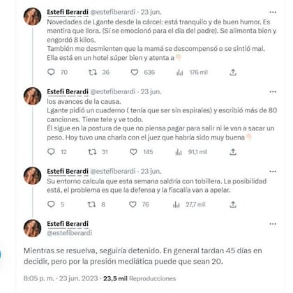 Estefi Berardi publicó en su cuenta de Twitter las novedades sobre la vida de L-Gante en su reclusión en la DDI de Quilmes, donde se encuentra detenido desde el pasado 6 de junio, acusado de privación ilegítima de la libertad, amenazas y tenencia de arma