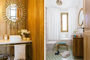 Estilos bien diferentes: en un toilet, revestimiento de kiri con grifería de pared ‘Berna’ (Robinet). Mesa de arrime de hierro (Lolo & Co) con tapa de Dekton ‘Bergen’ (Canteras del Mundo). En el baño de la suite principal, piso de calcáreos, revestimiento 'Subway' y vanitory de pino ‘Brasil’ diseñado y ejecutado a medida (Lolo & Co).
