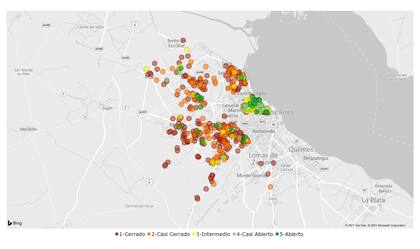 Estimación a mayo 2021; los círculos verdes que indican apertura predominan en el territorio porteño