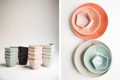 Estos cuencos teñidos en masa con terminación artesanal se pueden combinar para armar juegos de copetín, desayuno o postre