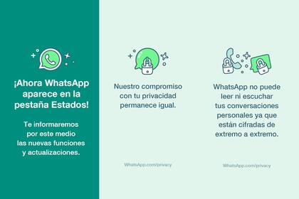 Estos son los mensajes que utiliza WhatsApp en la pestaña Estados para informar sobre los cambios y actualizaciones del servicio