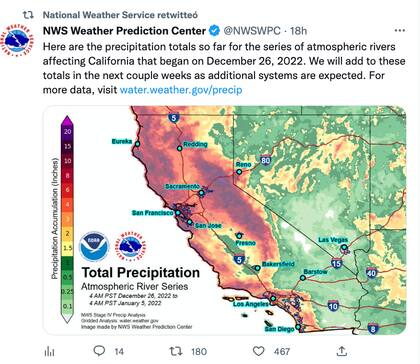 Estos son los totales de precipitación hasta ahora para la serie de ríos atmosféricos que afectan a California que comenzó el 26 de diciembre de 2022