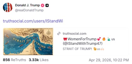 Estrecho de Trump, el nombre con el que se señala al estrecho de Ormuz en la polémica imagen compartida en Truth Social por Donald Trump