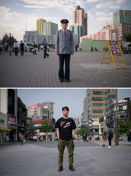 Estudiante de Corea del Norte Pak Kum Ryong (23, arriba) en una plaza pública en Pyongyang y el estudiante surcoreano Lim Jun-beom (24, abajo) en el área de Sinchon de Seúl