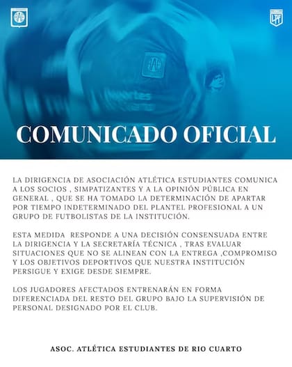 Estudiantes de Río Cuarto apartó a un grupo de profesionales del plantel profesional por falta de actitud