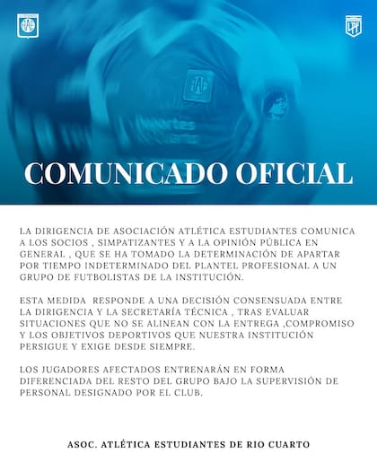 Estudiantes de Río Cuarto apartó a un grupo de profesionales del plantel profesional por falta de actitud.