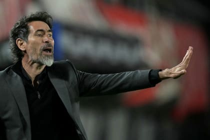 El entrenador de Estudiantes, Eduardo Domínguez, hace gestos durante el partido de fútbol de vuelta de los cuartos de final de la Copa Libertadores entre Estudiantes de La Plata y Flamengo