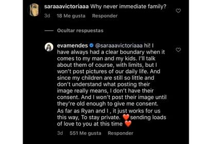 Eva Mendes le respondió a una seguidora y le explicó porqué no comparte fotos familiares en sus redes