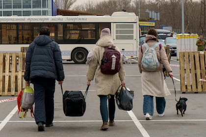 Evacuados que fueron conducidos en autobuses y automóviles privados desde Berdyansk y algunos desde Mariupol, llegan con sus maletas y su perro al centro de registro en Zaporizhzhia