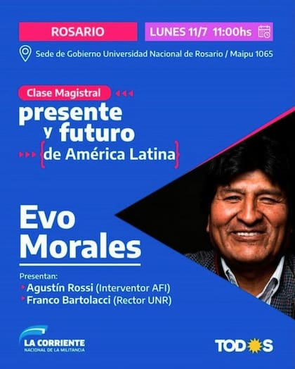 Evo Morales brindará una clase en la universidad de Rosario, junto con Agustín Rossi´.