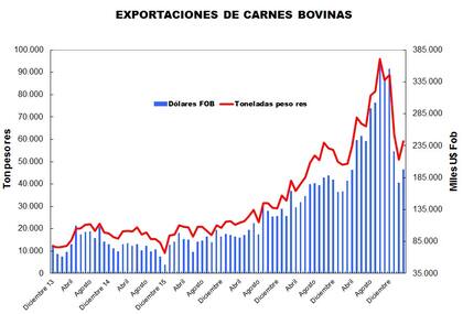 Evolución de las exportaciones de carne desde 2013, por mes, hasta marzo pasado