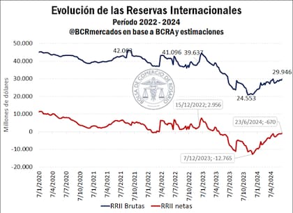 Evolución de las reservas del BCRA: mejoraron desde diciembre de 2023, pero siguen en zona de riesgo y cayeron en junio