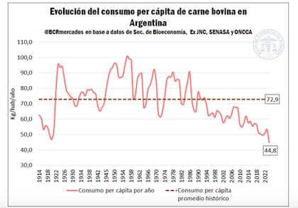 Evolución del consumo por habitante de carne bovina