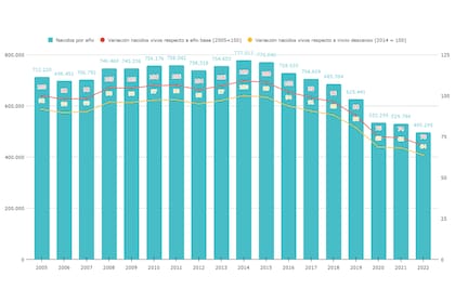 Evolución del número de nacimientos por año, según la base de datos que procesa Argentinos por la Educación