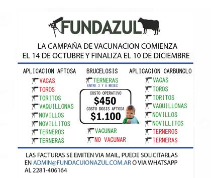 "Exaltación de la Cruz nos cobra $2900 y Fundazul $1550, un 87% más. Con el agravante de que Exaltación de la Cruz exige el pago anticipado y Fundazul da 60 días para pagar, con la única condición que si uno paga después de que se cerró la campaña, lo vas a pagar cuando empieces la otra al valor nuevo. Y, si vamos a los 60 días, Exaltación de la Cruz nos los lleva a $5000 cada dosis″, detalló el ganadero