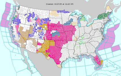 Existe un riesgo crítico de incendios en partes de las Grandes Llanuras Centrales y del Sur durante el lunes