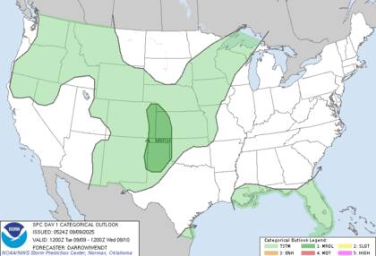 Existe un "riesgo marginal" de fenómenos severos en las Llanuras Centrales y del Sur, principalmente por posibilidad de granizo de gran tamaño