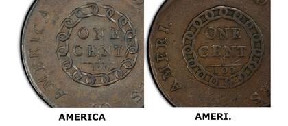 Existen dos variantes de esta moneda, en la primera aparece la palabra "AMERICA" completa, y en la segunda, la más valiosa, aparece abreviado a "AMERI."