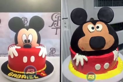 Expectativa versus realidad en el contraste entre la imagen del Mickey Mouse de la torta ideal, y la figura del ratón distorsionado que recibió el tiktoker Fary