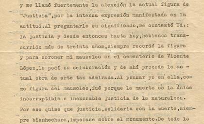 Extracto de la carta enviada por Carlos Delcasse a Rogelio Yrurtia, el 19 de julio de 1938: "...la muerte es la única incorruptible e inexorable justicia de la naturaleza...", explica el abogado a su amigo artista.