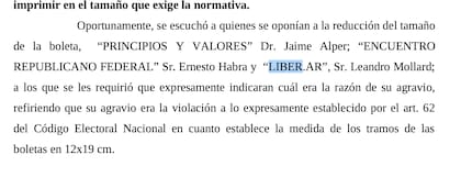Extracto de una audiencia en el JUZGADO CRIM. Y CORR. FEDERAL DE LA PLATA 1 –
SECRETARIA ELECTORAL (DISTRITO BUENOS AIRES) Expte. N° 5005/2023 “BIONDINI, ALEJANDRO CESAR Y OTRO s/FORMULA PETICIÓN”- La Plata, julio de 2023, en el que se pide que no se acorte la boleta.