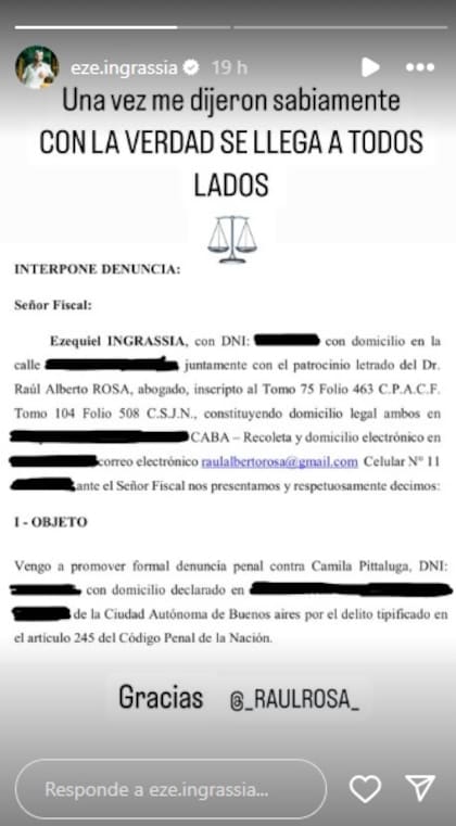 Ezequiel Ingrassia denunció a su expareja por daños y perjuicios