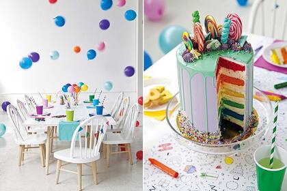 Para una torta multicolor, separar la masa en diferentes recipientes y pintarlas con colorante. Una vez horneadas, se unen las capas