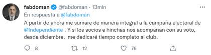 Fabián Doman informó que se dedicará tiempo completo a la campaña electoral para Independiente