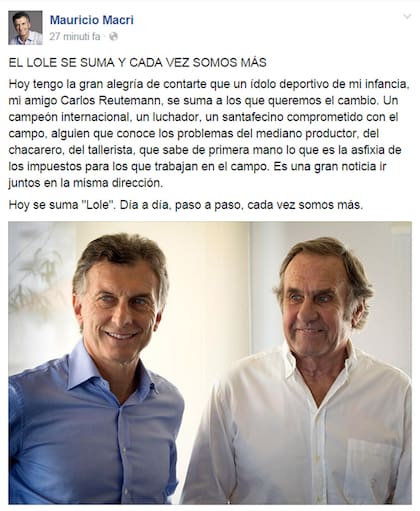 facebook Mauricio Macri Lole Carlos Reutemann acuerdo elecciones